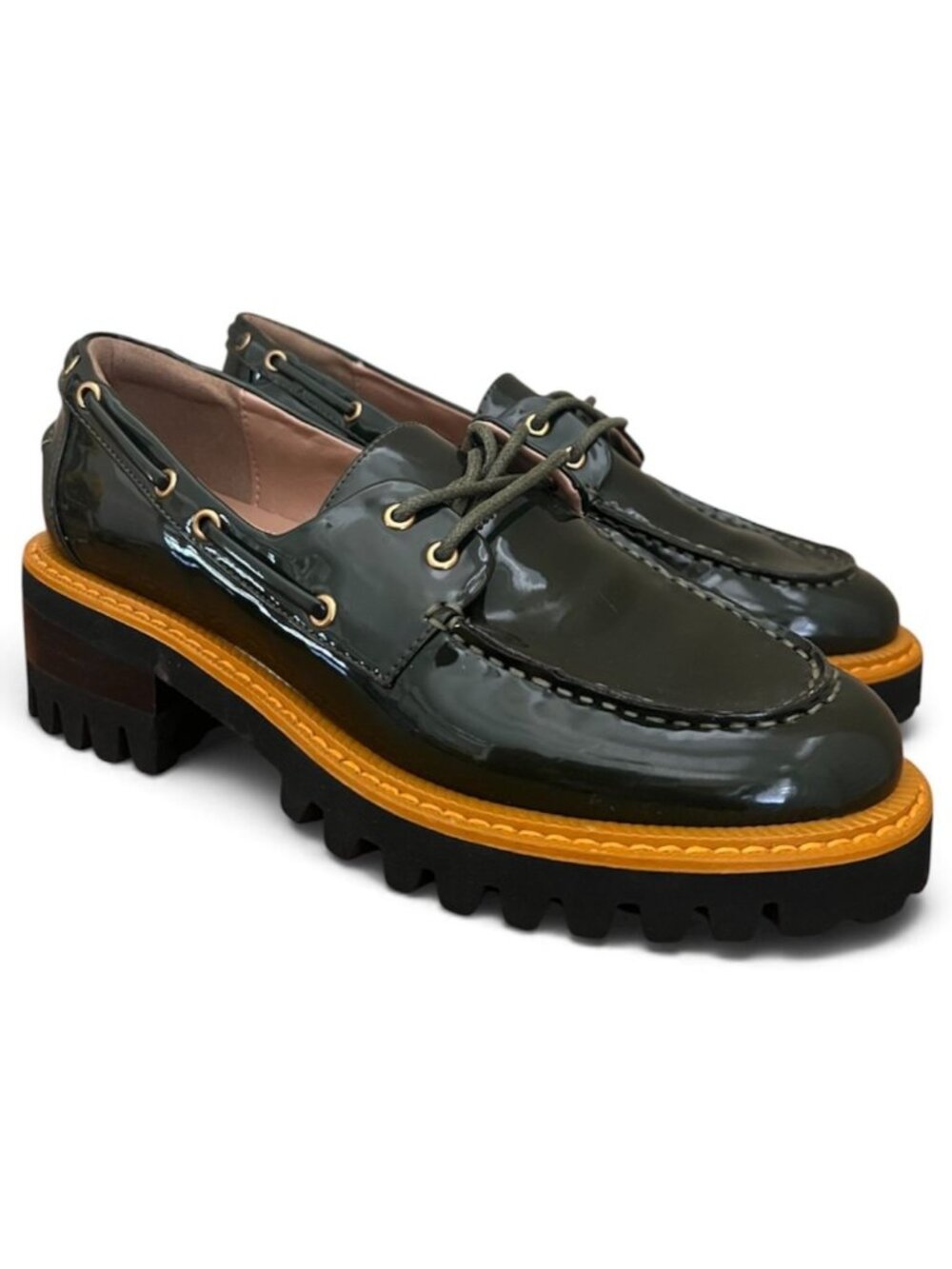 Aerosoles Russell Women’s 9 Forest Green Patent Chunky Lug Sole Boat Shoe Loafer
